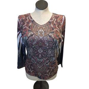 Women's Reba Long Sleeve Tee L Brown Black Paisley
